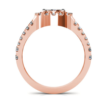 Through-finger view of rose gold illusion cluster halo split shank ring showing the band profile