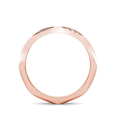 Through-finger view of rose gold faceted geometric diamond band showing the band profile
