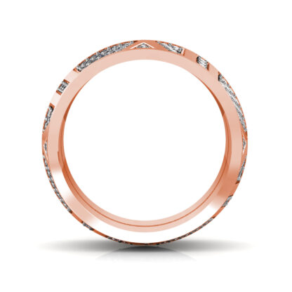 Through-finger view of rose gold wide pave diamond panel band showing the band profile