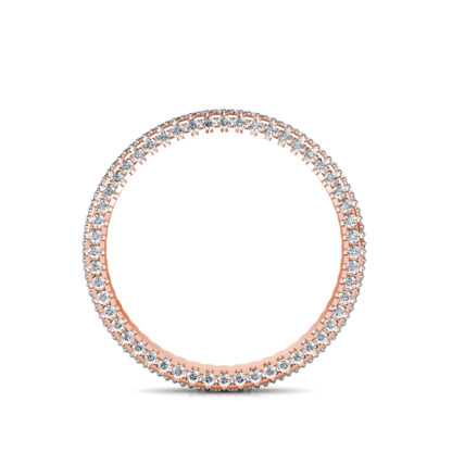 Through-finger view of rose gold triple row pave diamond eternity band showing the band profile