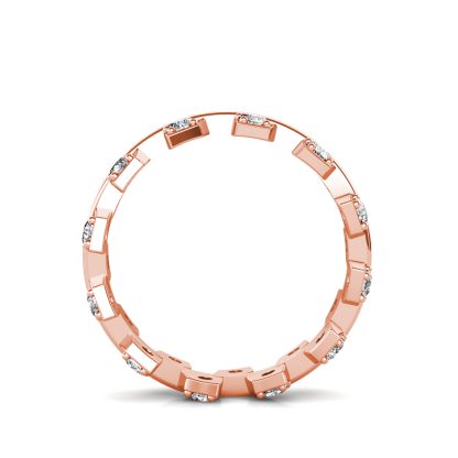 Through-finger view of rose gold staggered square bezel diamond band showing the band profile