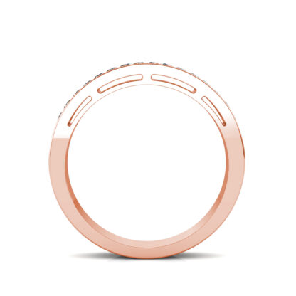 Through-finger view of rose gold wide two-row pave diamond slotted band showing the band profile