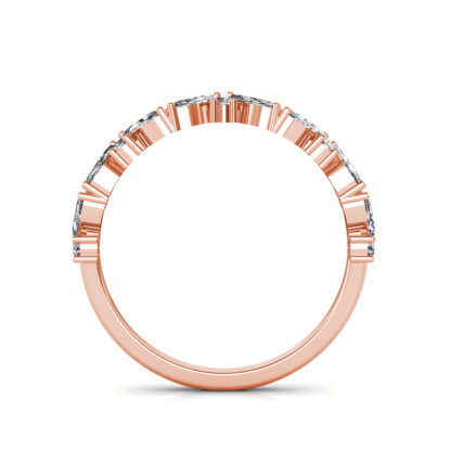Through-finger view of rose gold marquise diamond leaf vine band showing the band profile