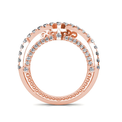 Through-finger view of rose gold curved pave diamond contour wedding band showing the band profile