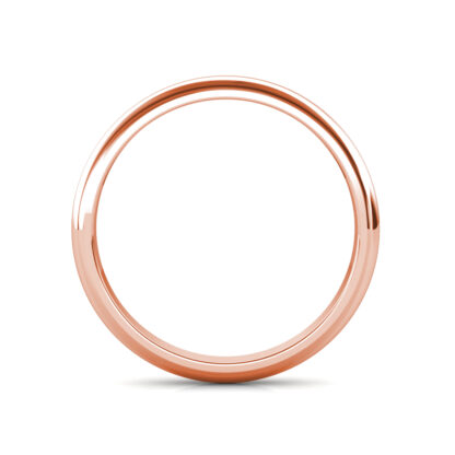 Through-finger view of rose gold polished domed wedding band showing the band profile