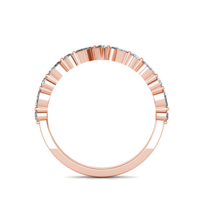 Through-finger view of rose gold marquise and round diamond half eternity ring showing the band profile
