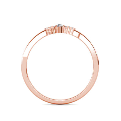 Through-finger view of rose gold pear diamond slim V contour ring showing the band profile