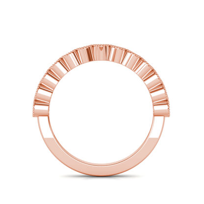Through-finger view of rose gold milgrain bezel diamond half eternity band showing the band profile