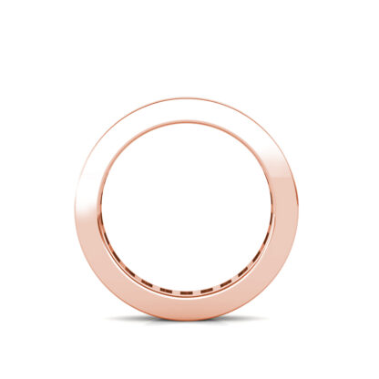 Through-finger view of rose gold princess cut channel-set eternity ring showing the band profile