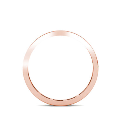 Through-finger view of rose gold slim channel-set diamond eternity band showing the band profile
