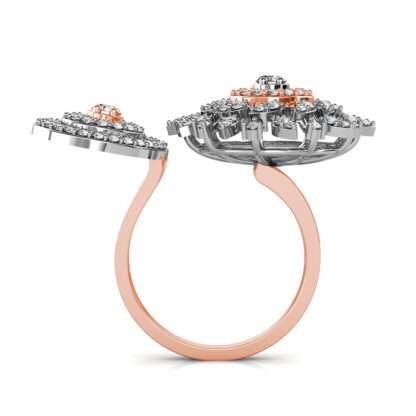 Through-finger view of rose gold two-finger diamond sunburst cocktail ring showing the band profile