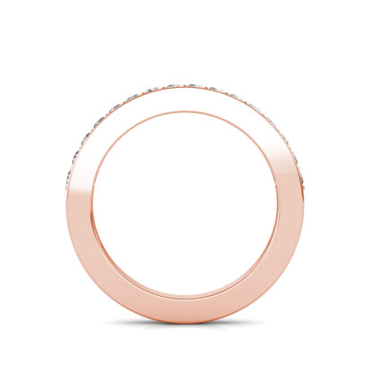 Through-finger view of rose gold pave diamond half eternity band showing the band profile