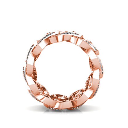 Top-down view of rose gold interlocking loop baguette diamond wide ring