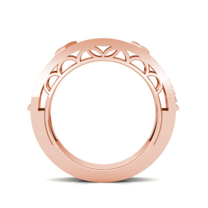 Through-finger view of rose gold wide channel and pave diamond band showing the band profile