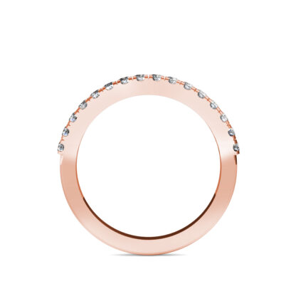 Through-finger view of rose gold shared-prong diamond half eternity band showing the band profile