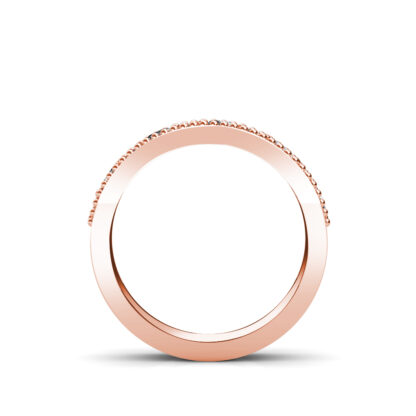 Through-finger view of rose gold beaded milgrain graduated diamond band showing the band profile
