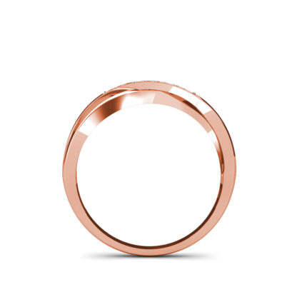 Through-finger view of rose gold pave diamond crossover wedding ring showing the band profile