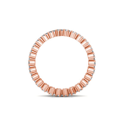 Through-finger view of rose gold double row staggered diamond eternity band showing the band profile