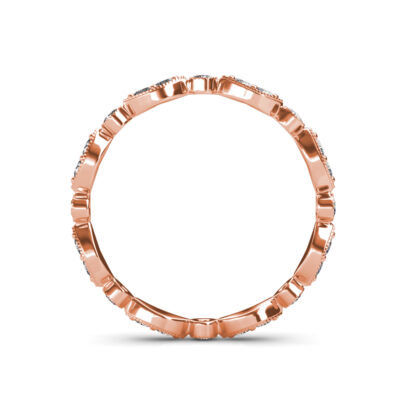 Through-finger view of rose gold milgrain marquise station diamond eternity band showing the band profile