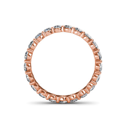 Through-finger view of rose gold oval diamond full eternity ring showing the band profile