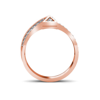 Through-finger view of rose gold pave diamond T shape statement ring showing the band profile