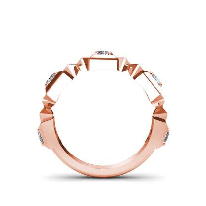 Through-finger view of rose gold geometric block bezel diamond band showing the band profile