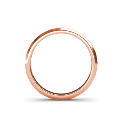 Through-finger view of rose gold beveled edge flush-set diamond band showing the band profile