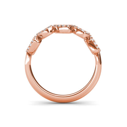 Through-finger view of rose gold pear and marquise diamond halo band showing the band profile