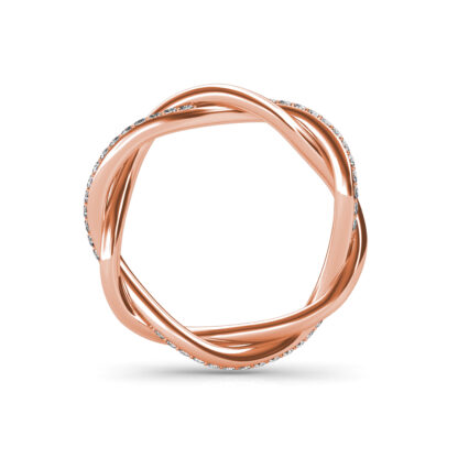 Top-down view of rose gold twisted pave diamond rope band
