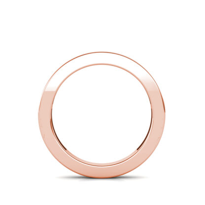 Through-finger view of rose gold princess cut channel-set diamond band ring showing the band profile