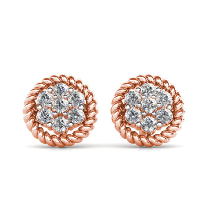 Front view of rose gold diamond flower cluster rope edge stud earrings