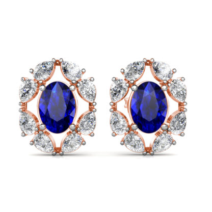 Rose gold sapphire diamond halo stud earrings, front view