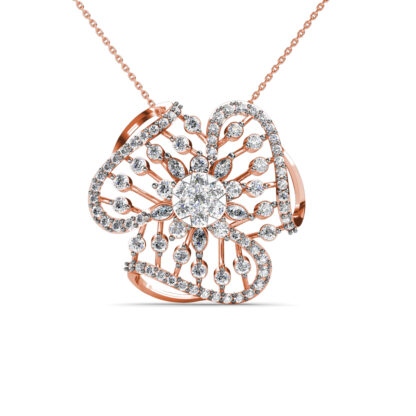 Front view of rose gold flower pendant with radiating round diamonds and a cluster centre