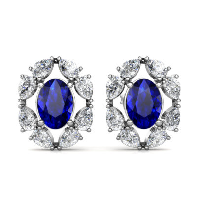 White gold sapphire diamond halo stud earrings, front view