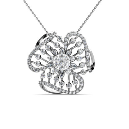 Front view of flower pendant in white gold or platinum with radiating round diamonds and a cluster centre