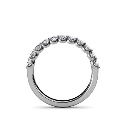 Through-finger view of white gold or platinum oval diamond half eternity ring showing the band profile