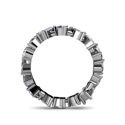 Through-finger view of white gold or platinum mixed shape diamond eternity band showing the band profile
