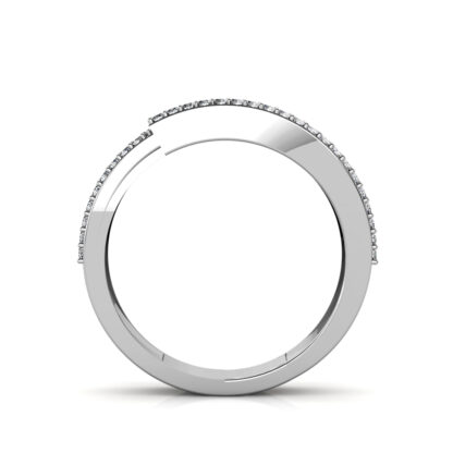 Through-finger view of white gold or platinum four row pave diamond bypass band showing the band profile