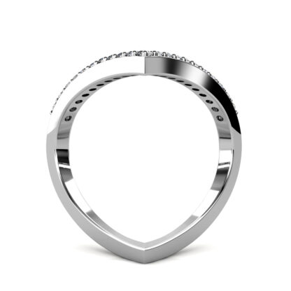 Through-finger view of white gold or platinum elongated V pave diamond ring showing the band profile