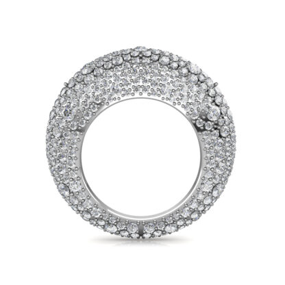Through-finger view of white gold or platinum full pave diamond dome ring showing the band profile