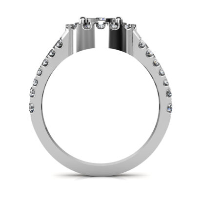 Through-finger view of white gold or platinum illusion cluster halo split shank ring showing the band profile