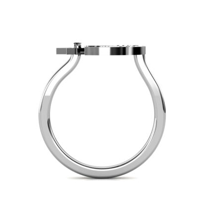 Through-finger view of white gold or platinum crescent moon and star diamond ring showing the band profile