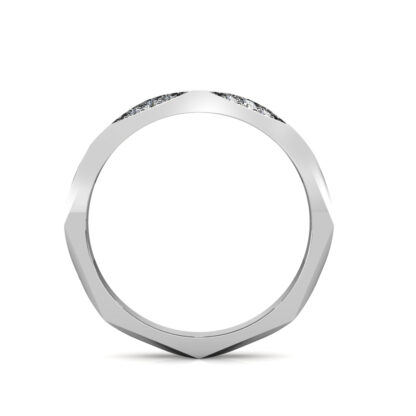 Through-finger view of white gold faceted geometric diamond band showing the band profile