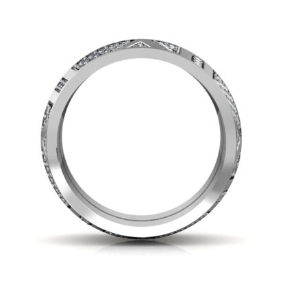 Through-finger view of white gold or platinum wide pave diamond panel band showing the band profile