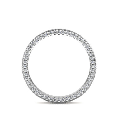 Through-finger view of white gold or platinum triple row pave diamond eternity band showing the band profile