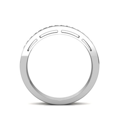 Through-finger view of white gold or platinum wide two-row pave diamond slotted band showing the band profile
