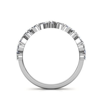 Through-finger view of white gold or platinum marquise diamond leaf vine band showing the band profile