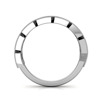 Through-finger view of white gold or platinum milgrain leaf pattern diamond band showing the band profile