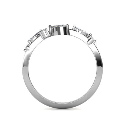 Through-finger view of white gold or platinum marquise diamond branch ring showing the band profile