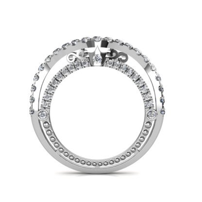 Through-finger view of white gold or platinum curved pave diamond contour wedding band showing the band profile